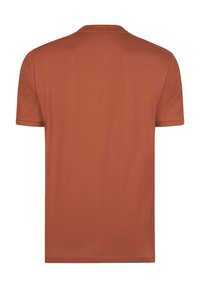 T-shirt à manches courtes en coton couleur rouille, avec une coupe décontractée, un col ras du cou et une texture lisse sans motifs ni accents visibles.