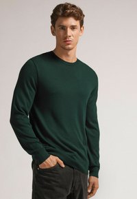 Grüner Strickpullover mit Rundhalsausschnitt, gerippten Bündchen und Taille. Kombiniert mit dunklen Jeans, die eine glatte Textur und eine enganliegende Passform zeigen.