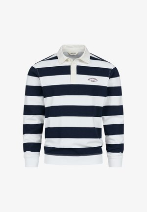 Maillot de rugby à manches longues avec rayures horizontales bleu marine et blanches, col blanc, patte de boutonnage, et petit texte rouge sur le côté gauche de la poitrine.