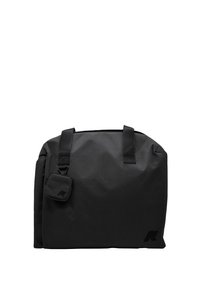 Borsa a tracolla nera realizzata in tessuto resistente, con due spallacci e una pochette più piccola removibile con zip. Texture liscia, design minimalista.