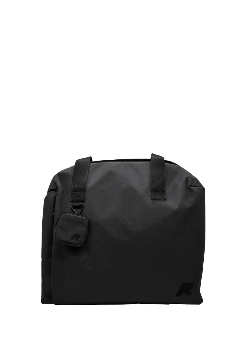 Borsa a tracolla nera realizzata in tessuto resistente, con due spallacci e una pochette più piccola removibile con zip. Texture liscia, design minimalista.