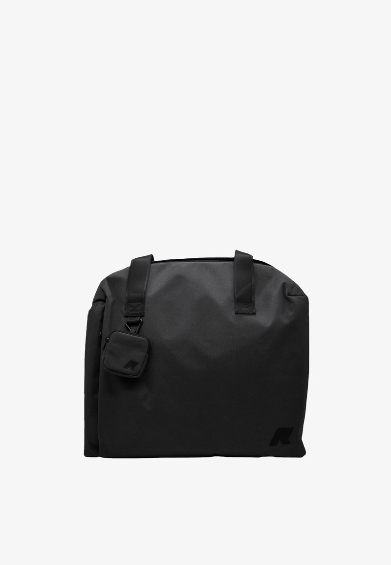 Borsa a tracolla nera realizzata in tessuto resistente, con due spallacci e una pochette più piccola removibile con zip. Texture liscia, design minimalista.