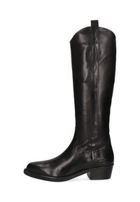 Schwarze knielange Lederstiefel mit runder Zehe, gesteppten Akzenten, einer Zuglasche und einem niedrigen, gestapelten Absatz für Stabilität.