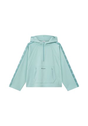 Sudadera Champion azul claro con media cremallera, bolsillo canguro frontal con cremallera y franja con logo a lo largo de las mangas.