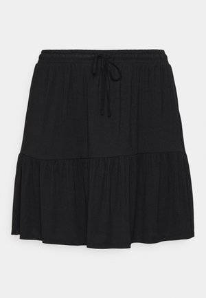 Mini-jupe noire à plusieurs niveaux avec taille élastique et cordon ajustable, confectionnée dans un tissu doux avec des détails froncés.