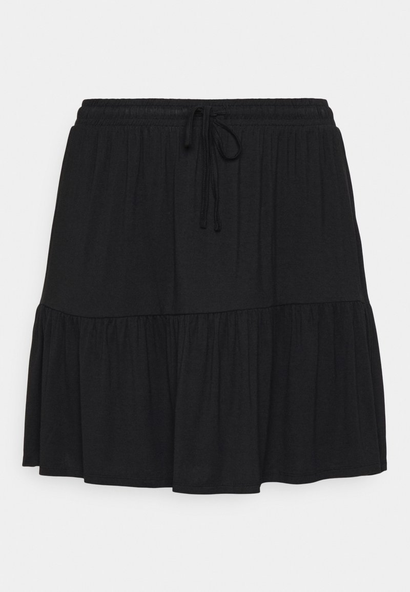 Mini-jupe noire à plusieurs niveaux avec taille élastique et cordon ajustable, confectionnée dans un tissu doux avec des détails froncés.