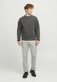Grau gestrickter Pullover mit Rundhalsausschnitt und langen Ärmeln, kombiniert mit einem weiß-grau gestreiften Hemd, hellgrauten Hosen und schwarzen Schuhen.