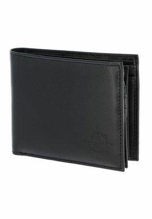 Portefeuille bifold en cuir noir avec bords cousus et motif de boussole en relief sur le devant, partiellement ouvert montrant les compartiments intérieurs.