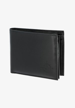 Schwarze Leder-Bifold-Geldbörse mit genähten Kanten und geprägtets Kompass-Design auf der Vorderseite, teilweise geöffnet mit sichtbaren Innenfächern.