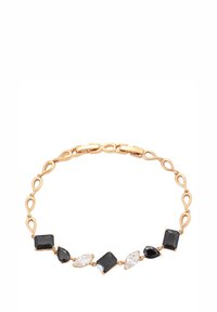 Bracciale in tono oro con pietre preziose nere e bianche alternate, incluse forme rettangolari e marquise, collegate da curve decorative.