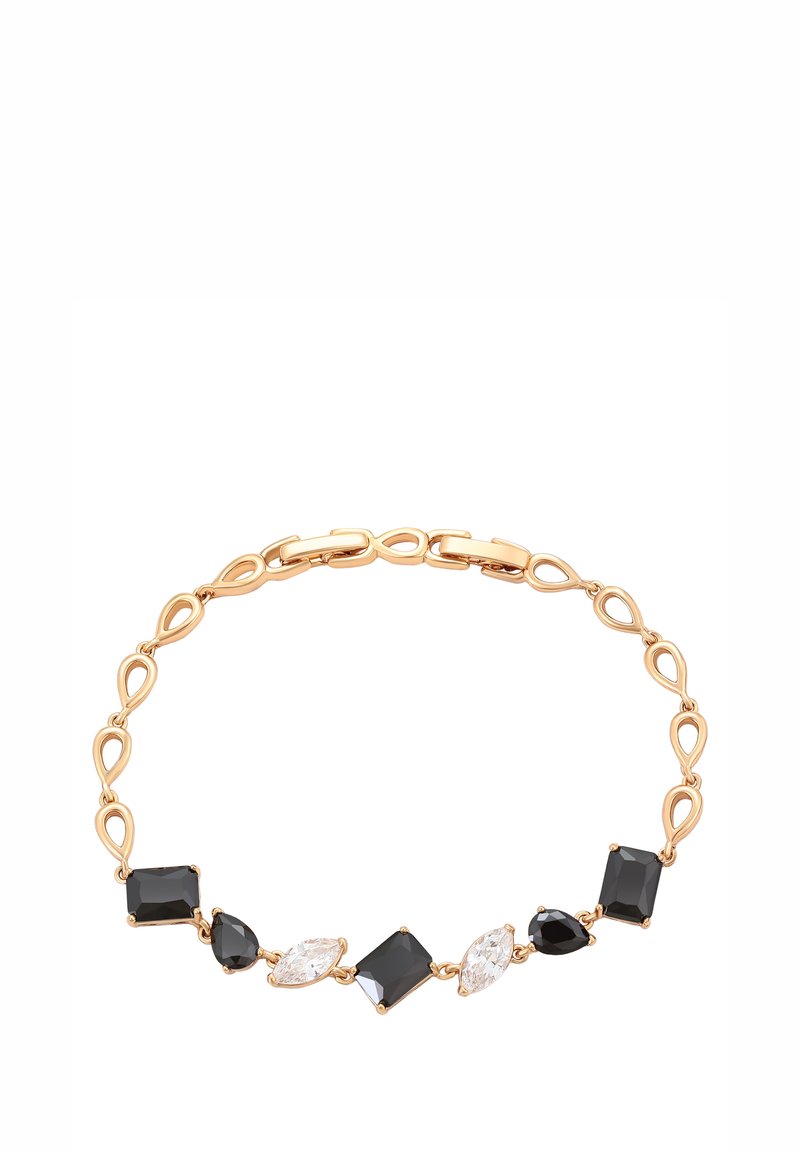 Bracciale in tono oro con pietre preziose nere e bianche alternate, incluse forme rettangolari e marquise, collegate da curve decorative.