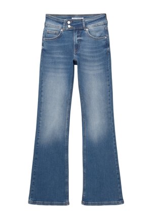 Blue flared jeans made of denim, featuring a button and zipper closure, front pockets, and faded texture on the legs.