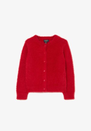 Rote, flauschige Strickjacke mit rundem Ausschnitt, Frontknöpfen und geripptem Saum. Hergestellt aus weichem, strukturiertem Material mit einem gemütlichen Look.