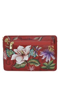 Rote Lederbörse mit floralem Design in Rosa, Lila und Grün, mit einem Vorderreißverschlussfach und goldenen Hardware-Akzenten.