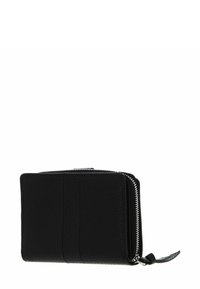 Portefeuille en cuir noir à finition texturée, fermeture éclair tout autour et deux emplacements extérieurs pour cartes. Forme rectangulaire compacte.