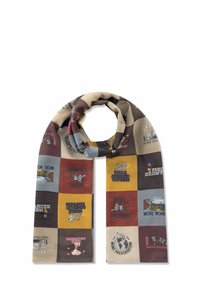 Multicolore sjaal met een patchworkontwerp, bestaande uit vierkanten in beige, bruin en geel, bedrukt met verschillende grafische teksten en illustraties.