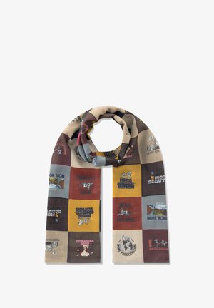 Multicolored scarf featuring a patchwork design with squares in beige, brown, and yellow, printed with various graphic texts and illustrations.