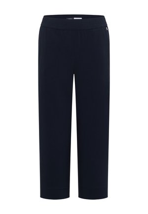 Pantalon droit bleu marine avec taille élastique, longueur à la cheville, et design minimaliste.