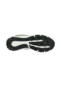Shoe sole with a black rubber surface featuring a textured pattern and white accents along the midsole for traction and stability.