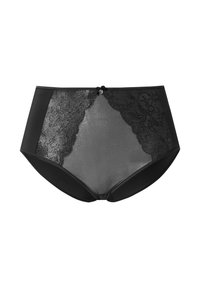 Czarne wysokie majtki z koronkowymi wstawkami po bokach, gładkiego materiału, z małą kokardką w pasie i półprzezroczystą teksturą.