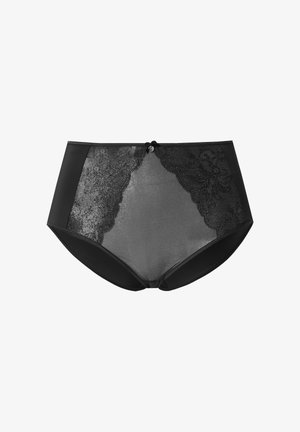Bragas negras de talle alto con paneles de encaje en los lados, tejido suave, un pequeño lazo en la cintura y una textura semitranslúcida.