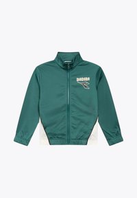 Giacca verde con zip completa e colletto alto, pannelli laterali bianchi, polsini elastici e logo "DIADORA" sul lato sinistro del petto.