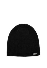 Czarna czapka typu beanie wykonana z teksturowanego materiału dzianego. Posiada podwójny mankiet z małą srebrną metką z logo z boku. Prosty, cylindryczny kształt.