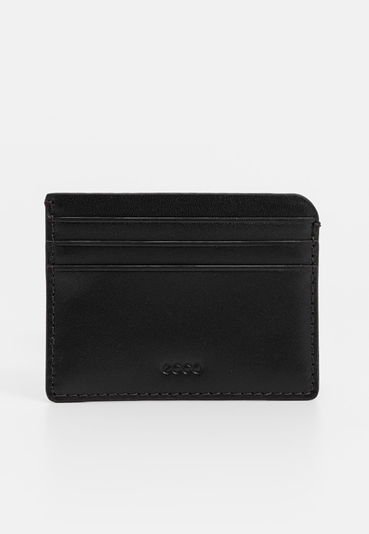 Porte-cartes en cuir noir avec six emplacements pour cartes et une texture lisse. Design minimaliste avec des coutures discrètes et un détail de logo.
