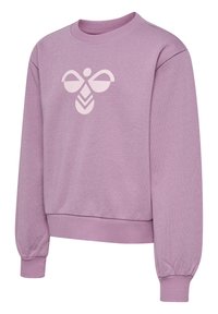 Paarse sweatshirt met lange mouwen, geribbelde halslijn en manchetten, met een lichtgekleurde bijlogo aan de voorkant, gemaakt van een zachte, textuurstoff.
