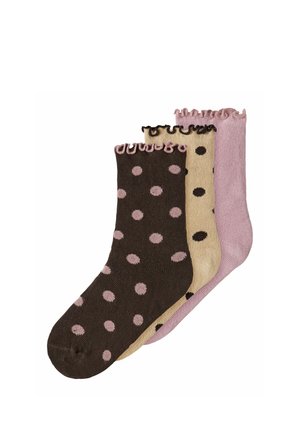 Trois paires de chaussettes mi-mollet avec des bords froncés ; une marron foncé à pois roses, une beige à pois foncés et une rose unie.
