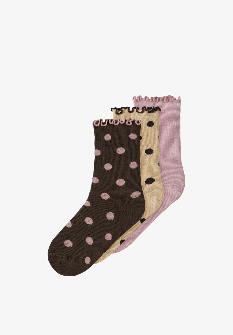 Trois paires de chaussettes mi-mollet avec des bords froncés ; une marron foncé à pois roses, une beige à pois foncés et une rose unie.