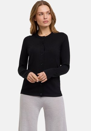 Cardigan nero realizzato in materiale morbido, con scollo rotondo, chiusura con bottoni, maniche lunghe e una texture liscia.