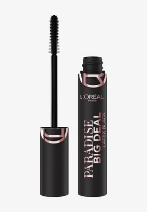 Tube de mascara noir et baguette ouverte avec des poils denses, étiquetée L'Oréal Paris Paradise Big Deal Latex Black sur fond blanc.