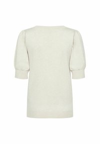 Pull tricot beige clair avec un design à manches courtes bouffantes, un col rond et des bords côtelés aux poignets et à l'ourlet.