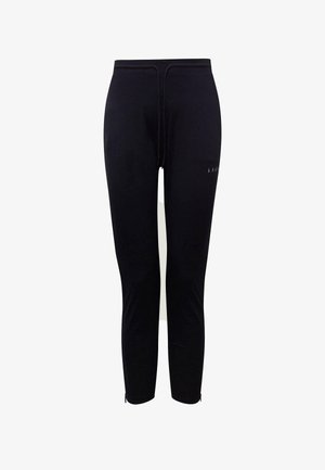 Fekete aktív viselet leggings rugalmas anyagból, testhezálló sziluettel, húzózsinórral a derék részén és cipzárakkal a bokán.