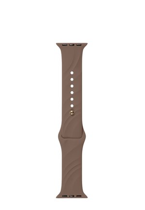 Cinturino per smartwatch in silicone marrone con chiusura pin-and-tuck e molteplici fori di regolazione mostrato su sfondo bianco.