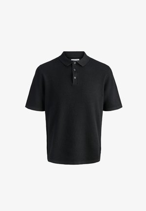 Svart kortermet polo t-skjorte med teksturert stoff og tre knapper, vist på hvit bakgrunn.