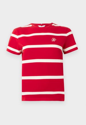 Red cotton t-shirt with white horizontal stripes, crew neck, short sleeves, and embroidered "FH" logo on the left chest.