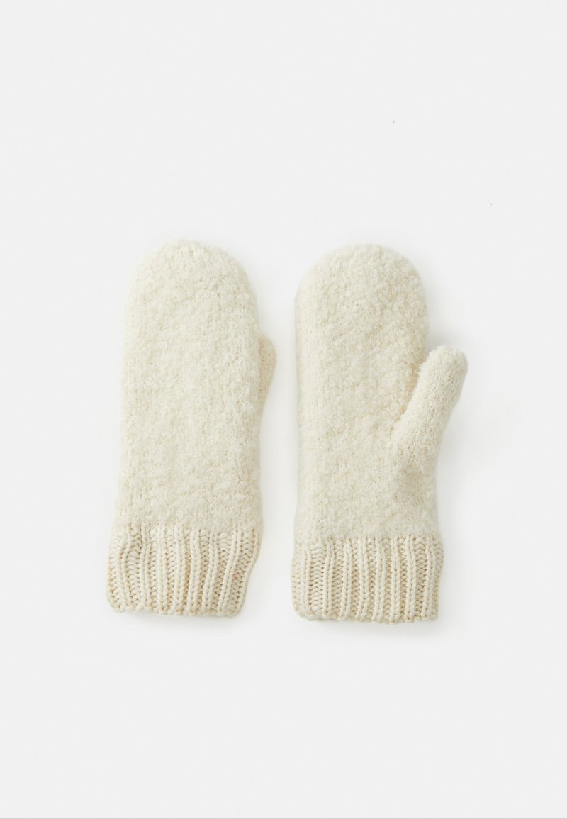 Moufles couleur crème en matériau texturé duveteux, avec un poignet en tricot côtelé. Elles sont arrondies au niveau des doigts et ont une finition douce.