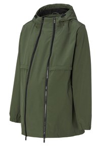 Grön huva jacka med en slät textur, utrustad med två framfickor med dragkedja och elastiska ärmmuddar. Designen inkluderar en lös passform och minimalistisk stil.