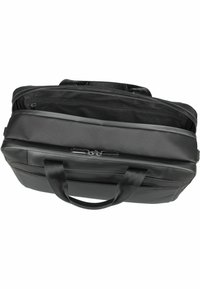 Malette en tissu noir avec doubles poignées, fermeture à glissière, poche extérieure et surface texturée ; l'intérieur dispose de plusieurs compartiments.