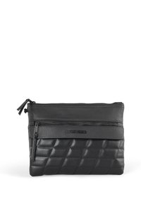 Borse a pochette in pelle nera con una sezione inferiore trapuntata e testurizzata, una sezione superiore liscia, chiusura con zip superiore e una tasca con zip frontale.