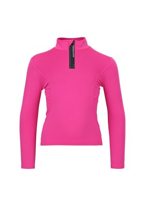 Haut fuchsia à manches longues avec un col montant et une fermeture éclair mi-hauteur à l'avant. Tissu lisse et extensible avec des détails de couture sur les côtés, idéal pour les vêtements de sport.