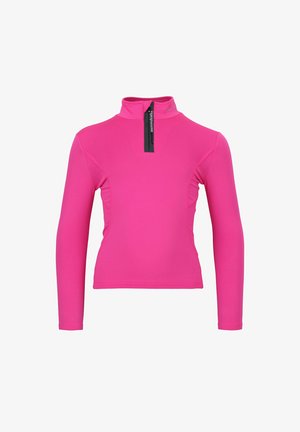 Haut fuchsia à manches longues avec un col montant et une fermeture éclair mi-hauteur à l'avant. Tissu lisse et extensible avec des détails de couture sur les côtés, idéal pour les vêtements de sport.
