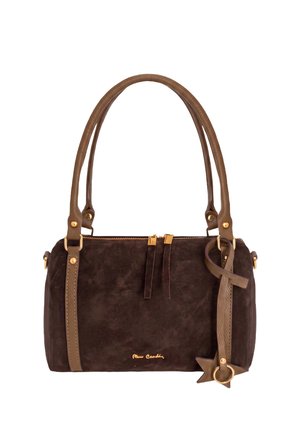 Borsa a tracolla in camoscio marrone scuro con due manici color cuoio, cerniera dorata, ciondolo a forma di stella e piccolo logo dorato sulla parte frontale.