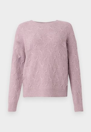 Suéter de punto rosa con un patrón de cable texturizado, cuello redondo, mangas largas y dobladillo acanalado. Tejido suave y cálido, adecuado para el uso casual.