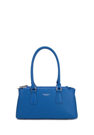 Sac à main en cuir bleu avec double poignées, fermeture éclair argentée et logo "DIANA&CO FIRENZE" à l'avant.
