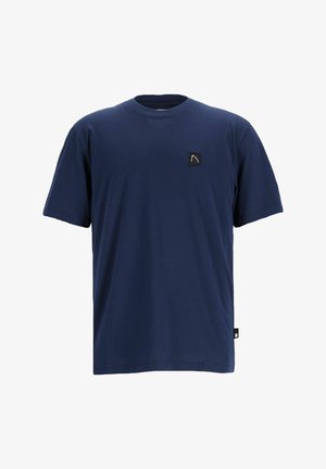 Temno modra bombažna majica s kratkimi rokavi in ožjim izrezom, z majhnim črnim logotipom na levem prsnem delu. Gladka tekstura, sproščen kroj.