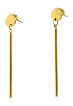Para kolczyków z metalu w złotym odcieniu, z okrągłymi górnymi elementami i długimi, cienkimi pionowymi zawieszkami.