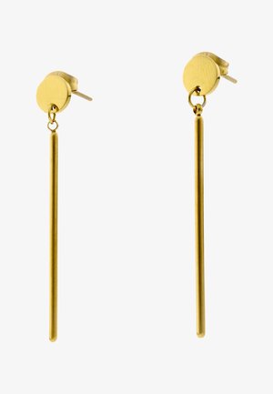 Pereche de cercei cu tije din metal auriu, cu partea superioară rotundă și pandantive subțiri, lungi, verticale.